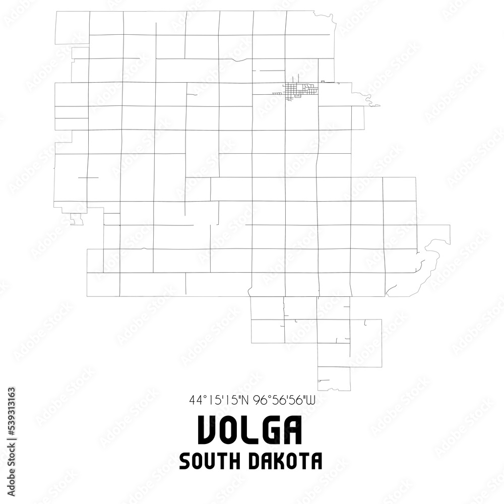 Volga South Dakota. US street map with black and white lines.