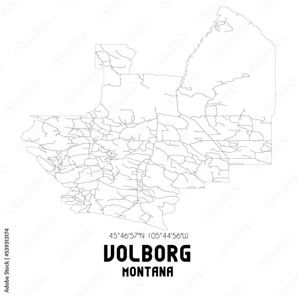Volborg Montana. US street map with black and white lines.