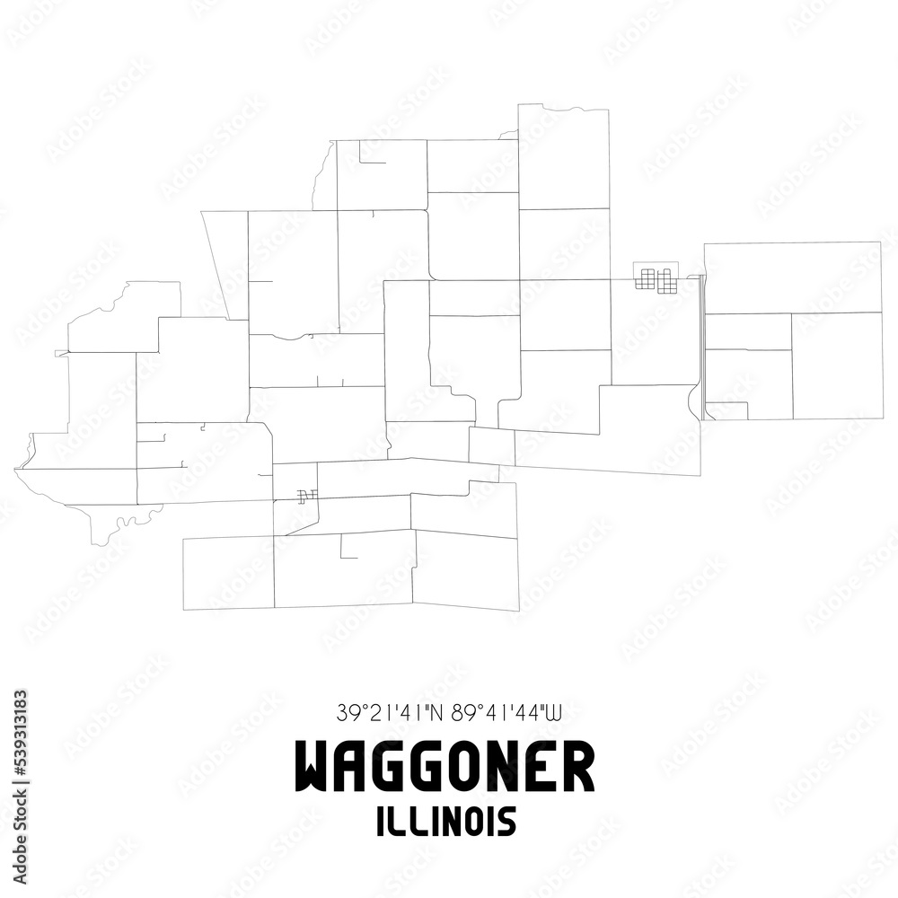 Waggoner Illinois. US street map with black and white lines.