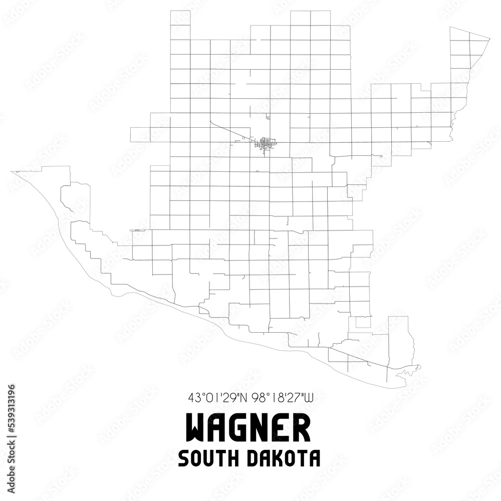 Wagner South Dakota. US street map with black and white lines.