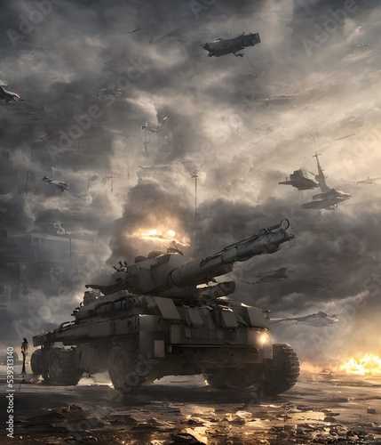 Cold War, 3d illustration. Tank, Army, Military world, soldier, gun