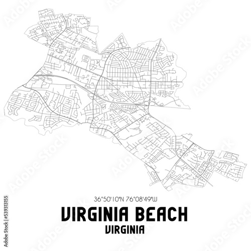 Virginia Beach Virginia. US street map with black and white lines.