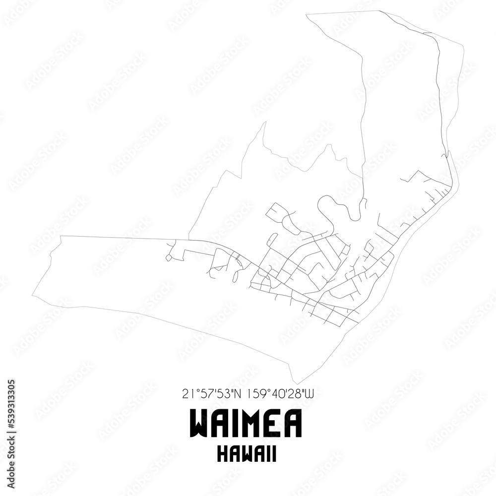 Waimea Hawaii. US street map with black and white lines.