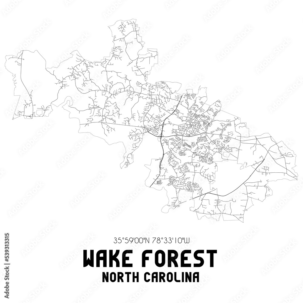 Wake Forest North Carolina. US street map with black and white lines.