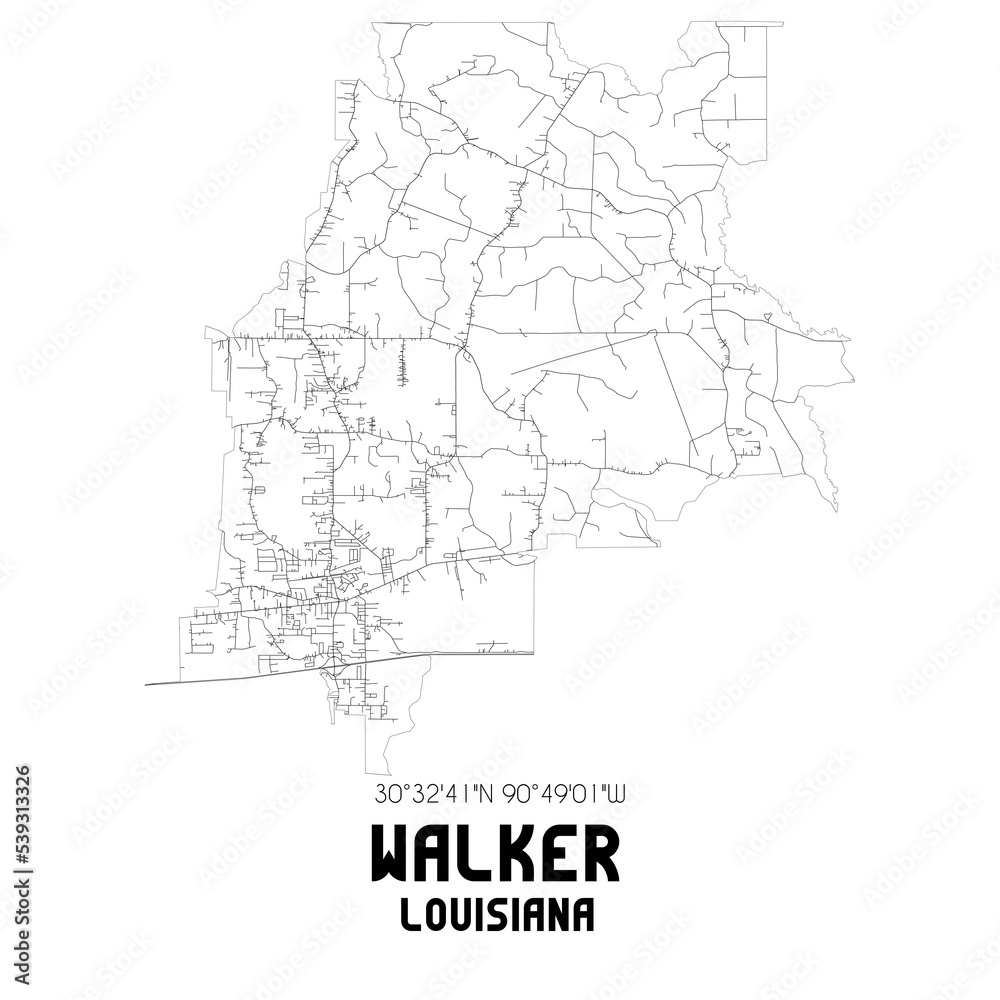 Walker Louisiana. US street map with black and white lines.