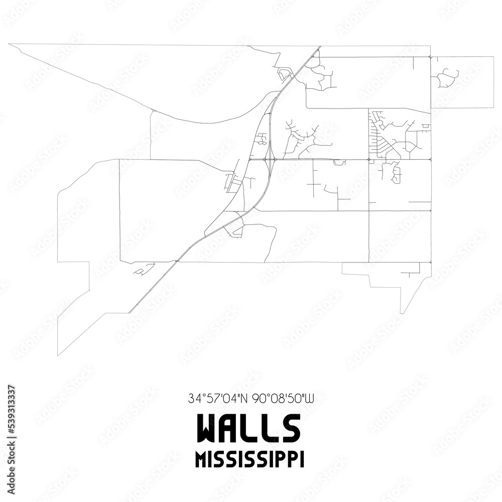 Walls Mississippi. US street map with black and white lines.