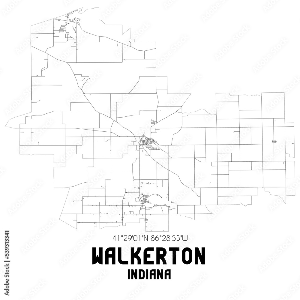 Walkerton Indiana. US street map with black and white lines.