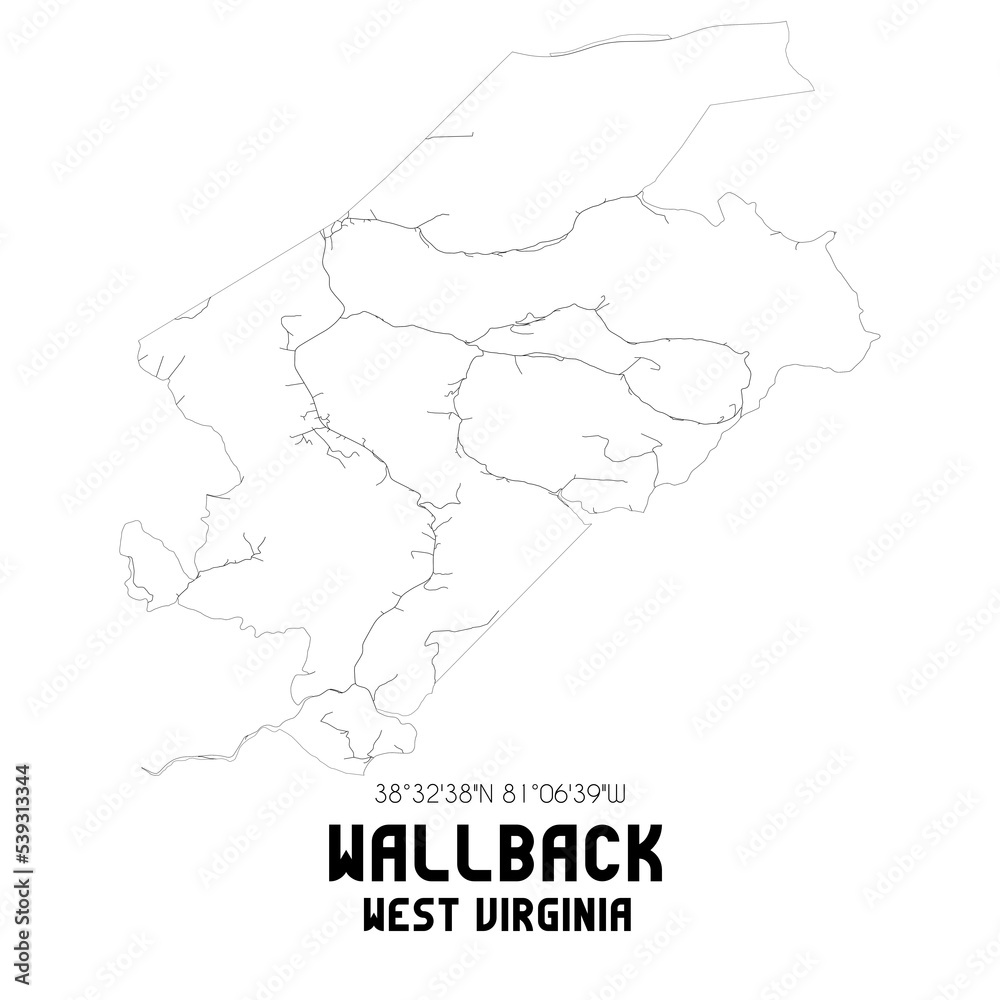 Wallback West Virginia. US street map with black and white lines.