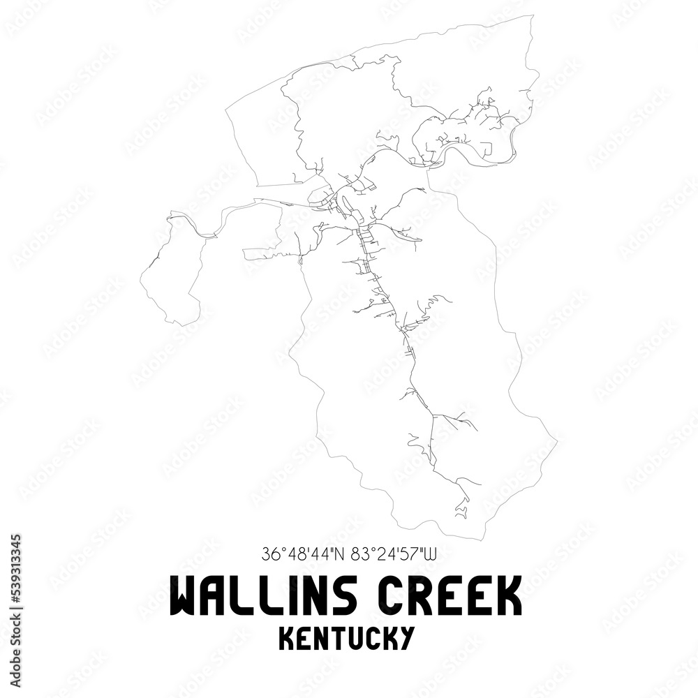 Wallins Creek Kentucky. US street map with black and white lines.