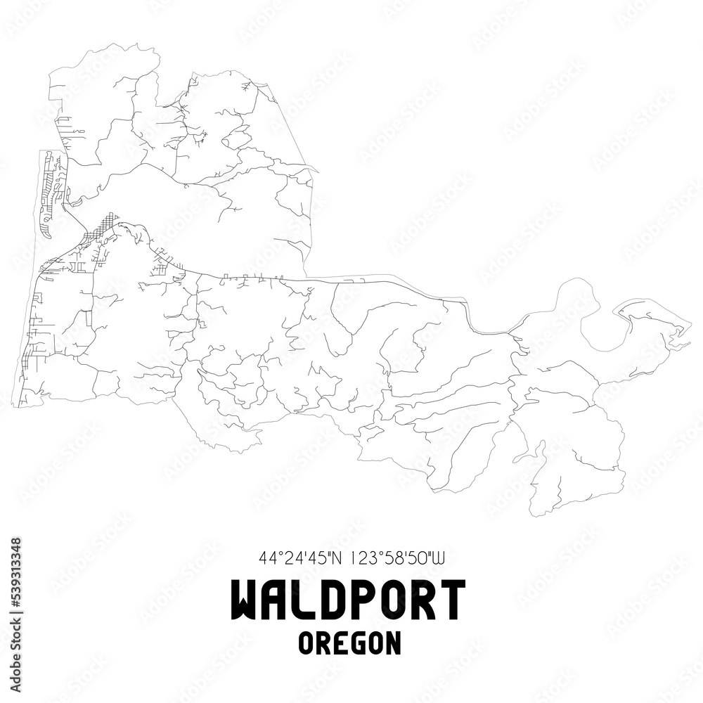 Waldport Oregon. US street map with black and white lines.