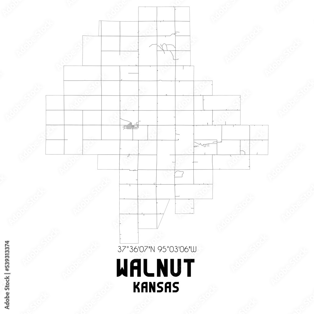 Walnut Kansas. US street map with black and white lines.