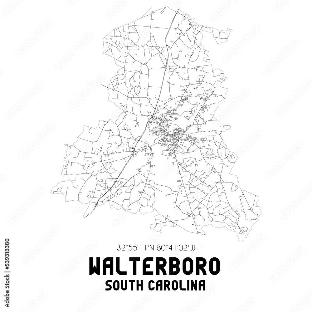 Walterboro South Carolina. US street map with black and white lines.