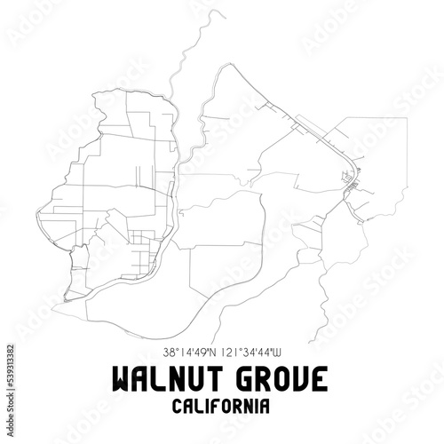 Walnut Grove California. US street map with black and white lines.