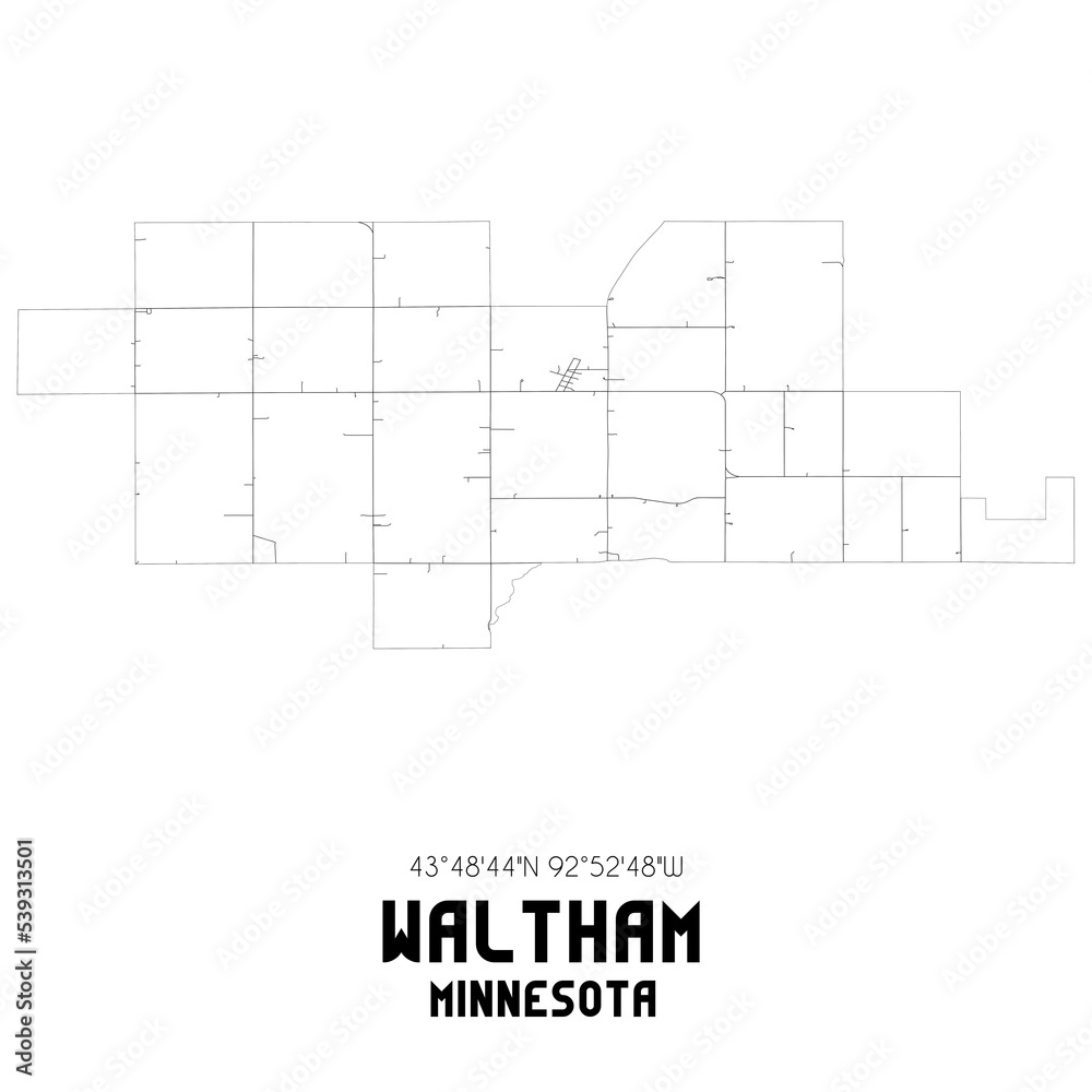 Waltham Minnesota. US street map with black and white lines.