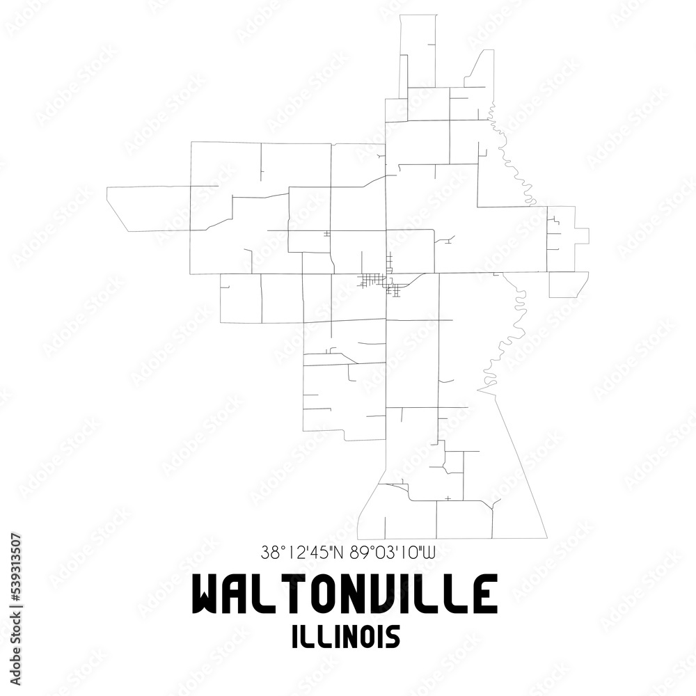 Waltonville Illinois. US street map with black and white lines.