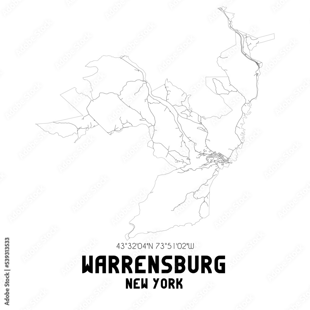 Warrensburg New York. US street map with black and white lines.