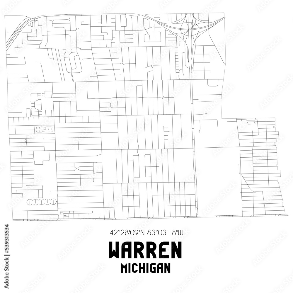 Warren Michigan. US street map with black and white lines.