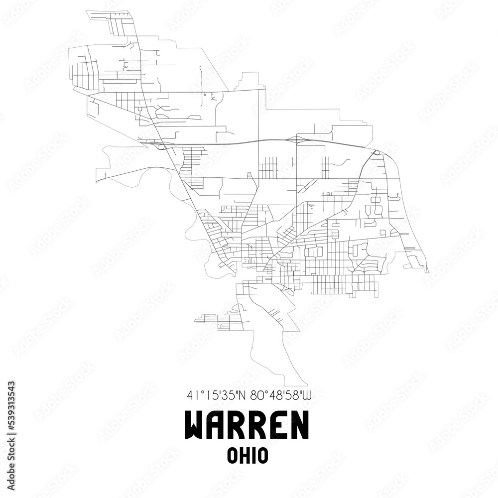 Warren Ohio. US street map with black and white lines.