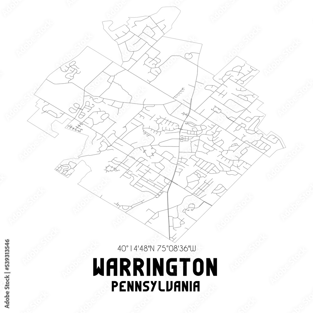 Warrington Pennsylvania. US street map with black and white lines.