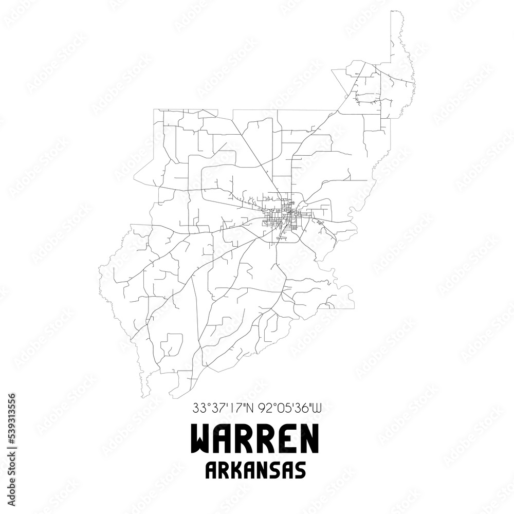 Warren Arkansas. US street map with black and white lines.