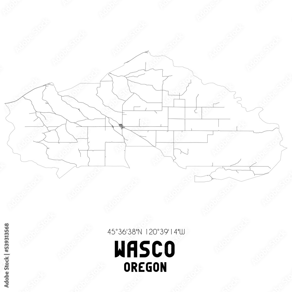 Wasco Oregon. US street map with black and white lines.