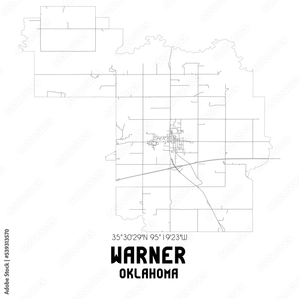 Warner Oklahoma. US street map with black and white lines.