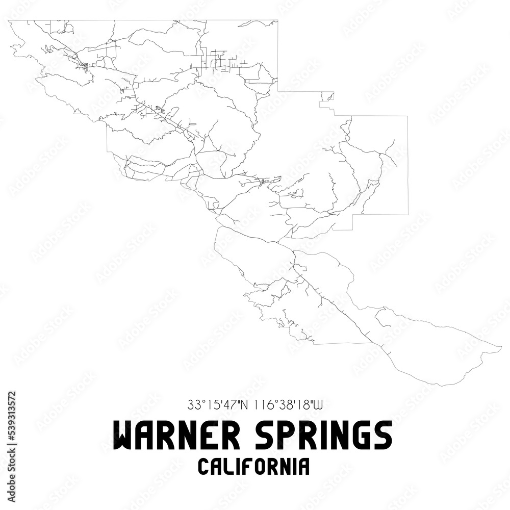 Warner Springs California. US street map with black and white lines.