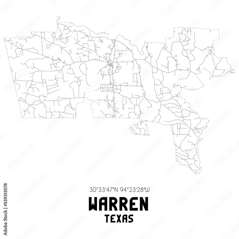 Warren Texas. US street map with black and white lines.