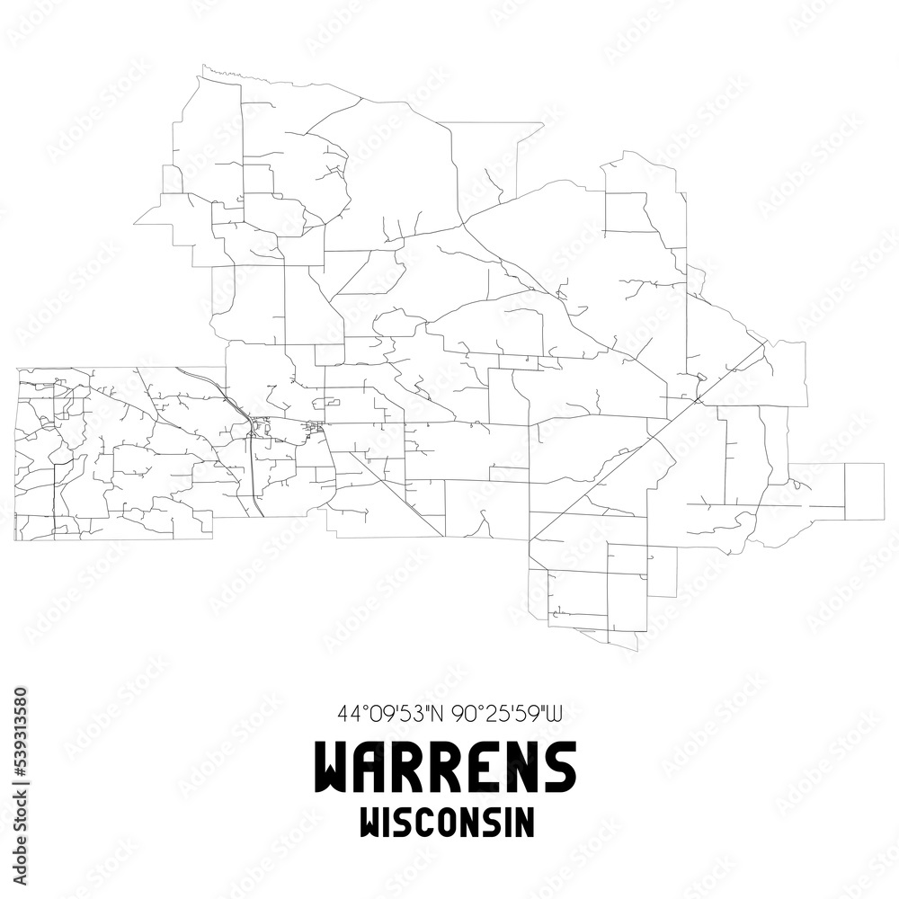Warrens Wisconsin. US street map with black and white lines.