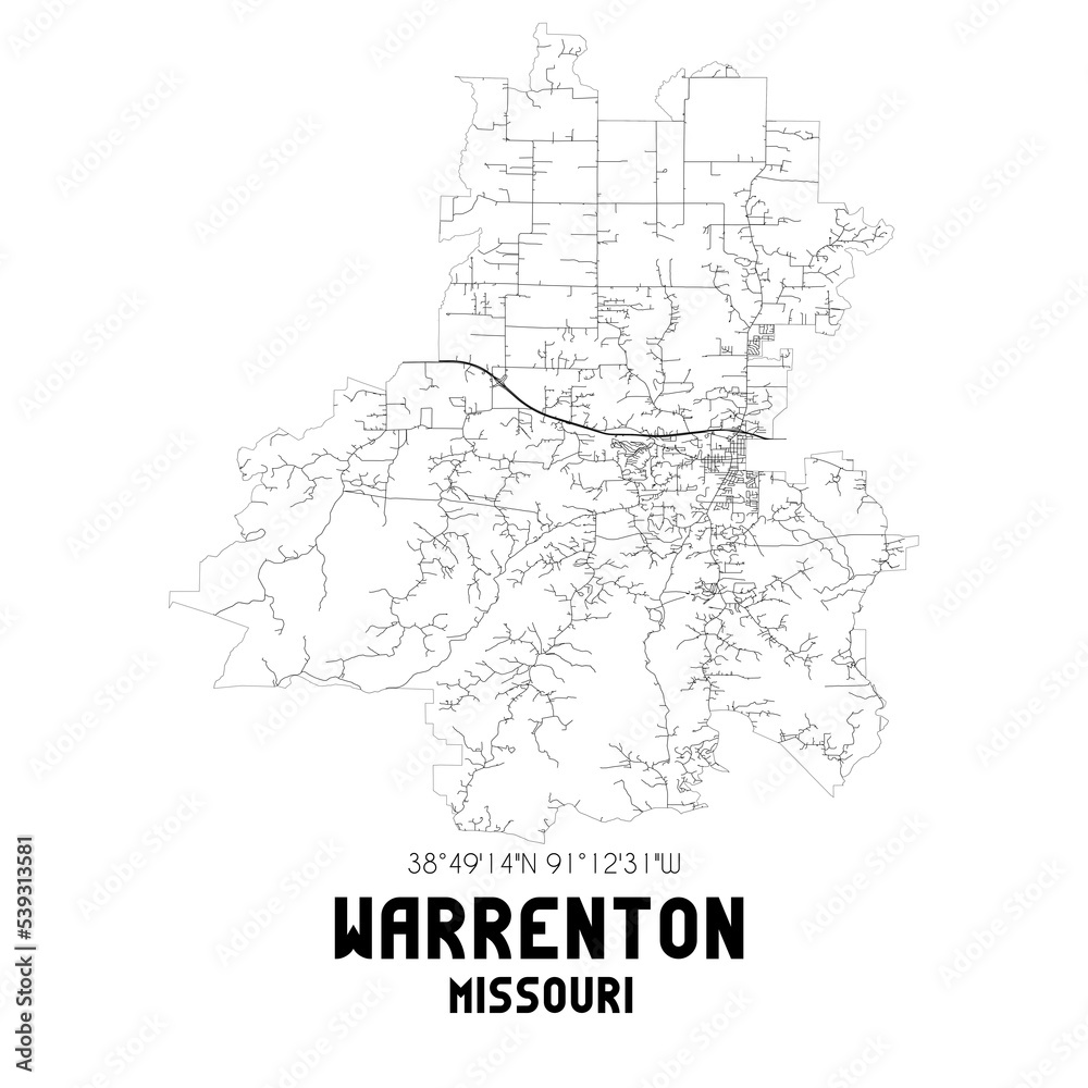 Warrenton Missouri. US street map with black and white lines.