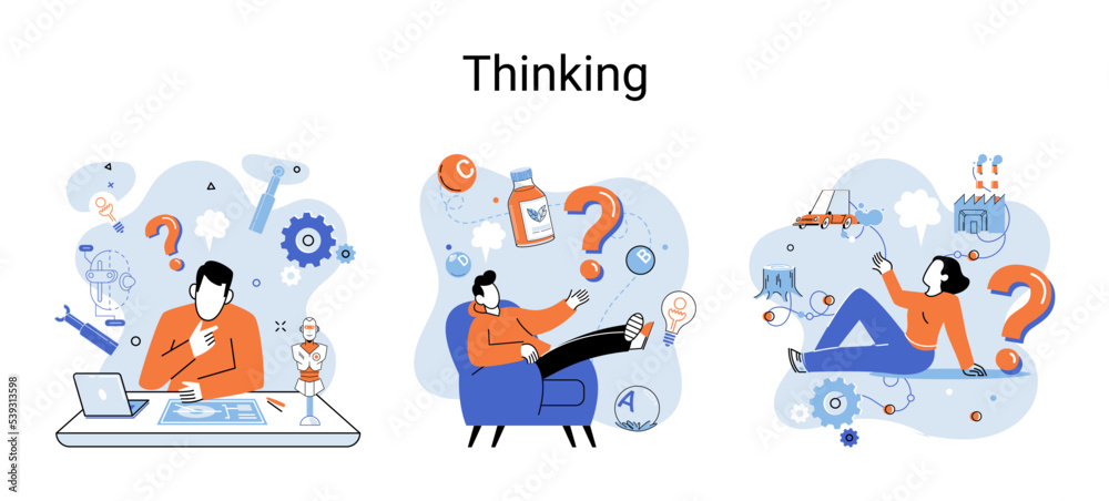 Problem solving metaphor, wondering or thinking, planning or pondering, with question mark. Creative thought idea. Brainstorming, idea and fantasy, motivation and inspiration, finding solution, answer Problem solving metaphor, wondering or thinking, planning or pondering, with question mark. Creative thought idea. Brainstorming, idea and fantasy, motivation and inspiration, finding solution, answer