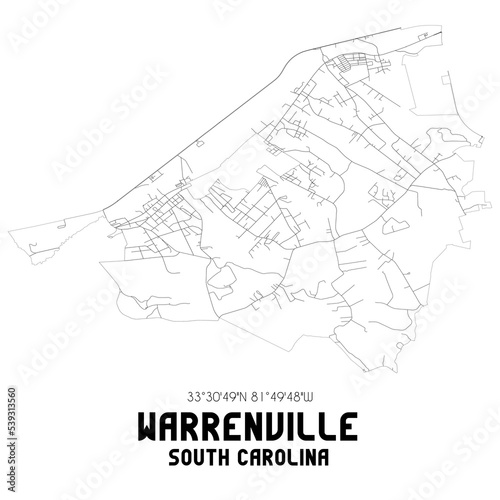 Warrenville South Carolina. US street map with black and white lines.