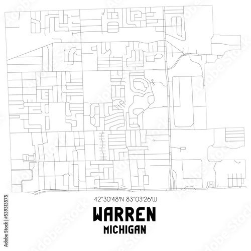Warren Michigan. US street map with black and white lines.