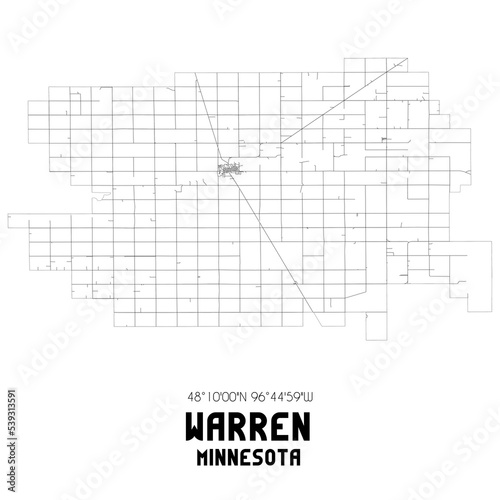 Warren Minnesota. US street map with black and white lines.
