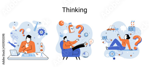 Problem solving metaphor, wondering or thinking, planning or pondering, with question mark. Creative thought idea. Brainstorming, idea and fantasy, motivation and inspiration, finding solution, answer