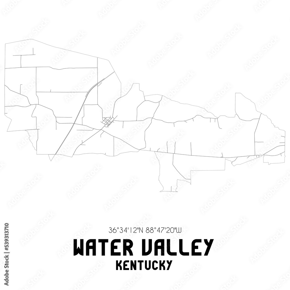 Water Valley Kentucky. US street map with black and white lines.