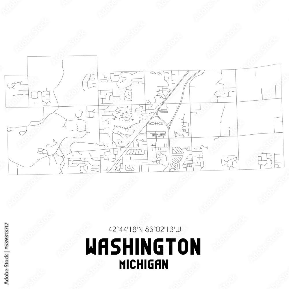 Washington Michigan. US street map with black and white lines.