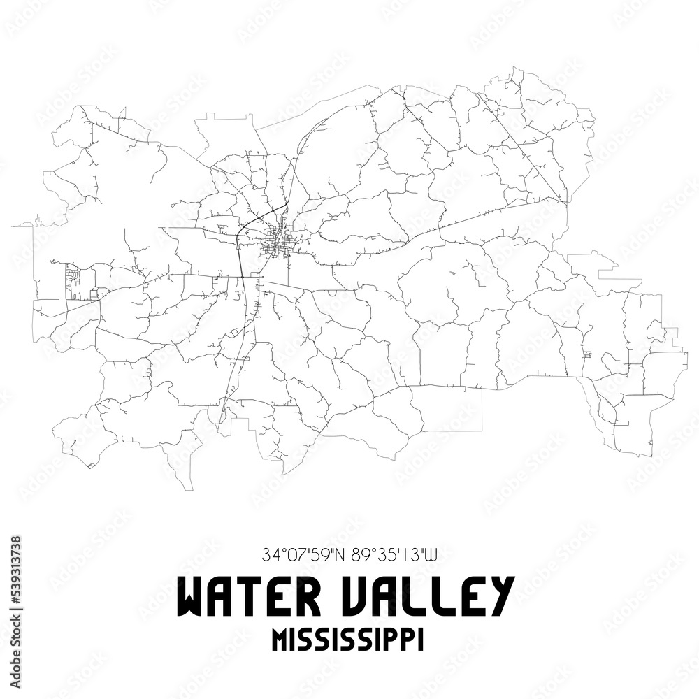 Water Valley Mississippi. US street map with black and white lines