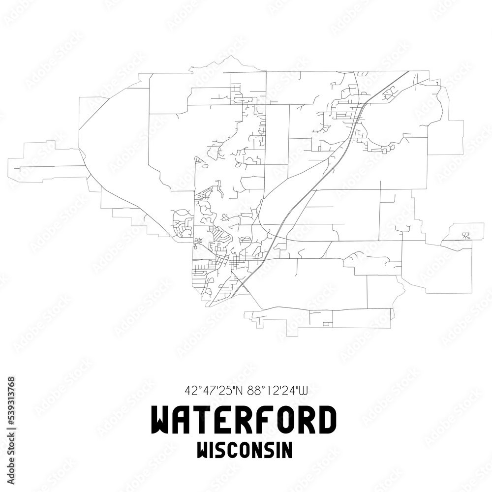 Waterford Wisconsin. US street map with black and white lines.