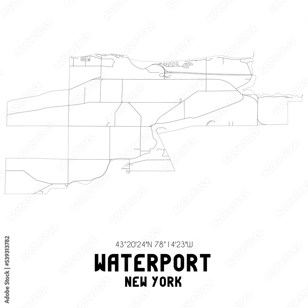 Waterport New York. US street map with black and white lines.
