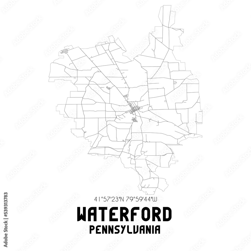 Waterford Pennsylvania. US street map with black and white lines.