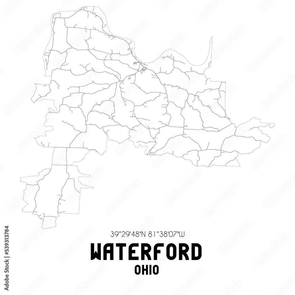 Waterford Ohio. US street map with black and white lines.
