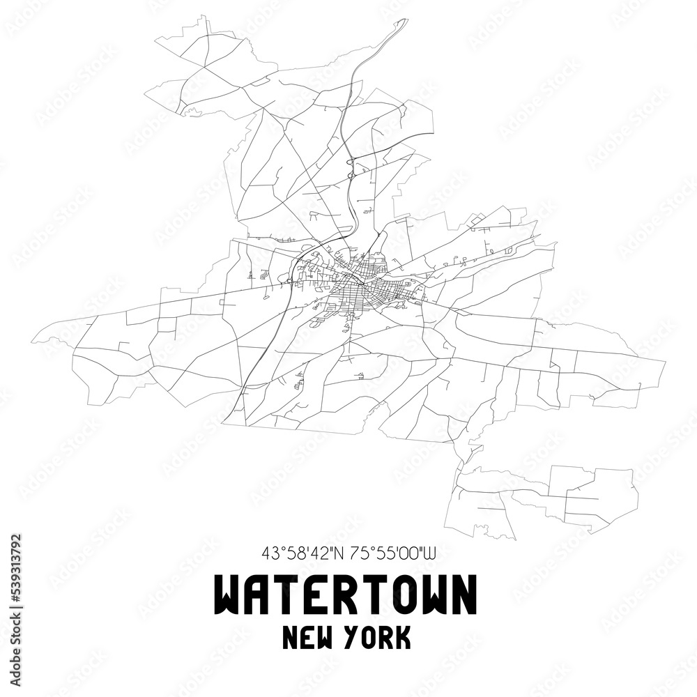 Watertown New York. US street map with black and white lines.