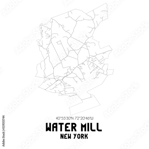 Water Mill New York. US street map with black and white lines.