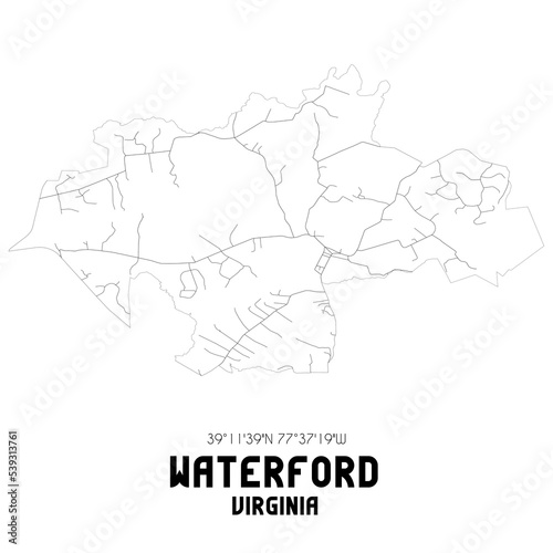 Waterford Virginia. US street map with black and white lines.