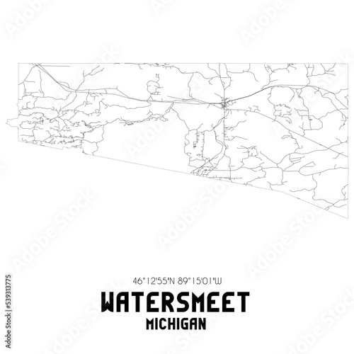 Watersmeet Michigan. US street map with black and white lines.