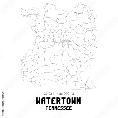 Watertown Tennessee. US street map with black and white lines.
