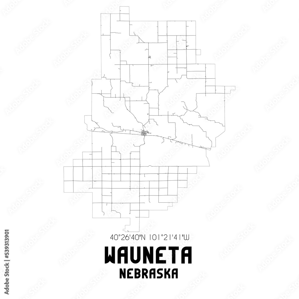 Wauneta Nebraska. US street map with black and white lines.