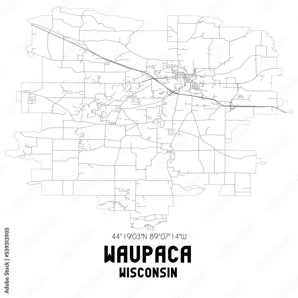 Waupaca Wisconsin. US street map with black and white lines.