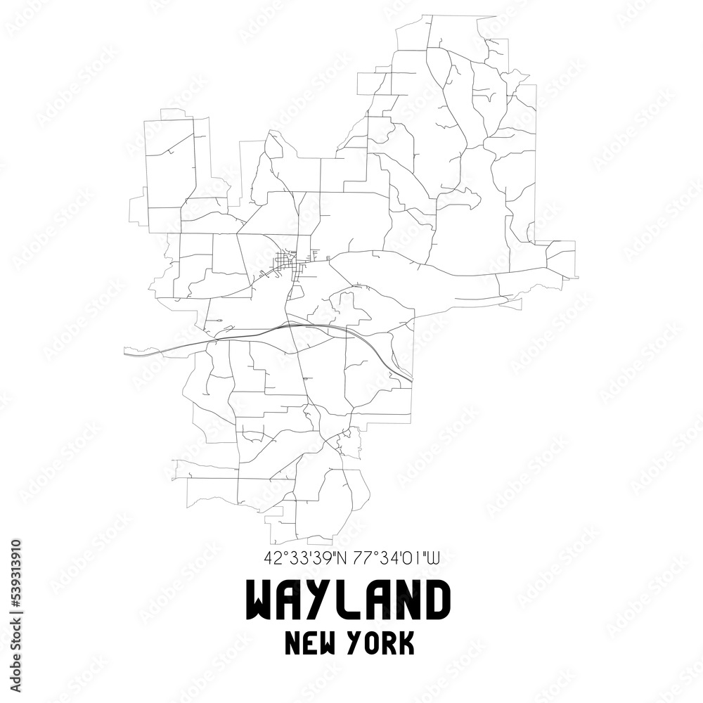 Wayland New York. US street map with black and white lines.